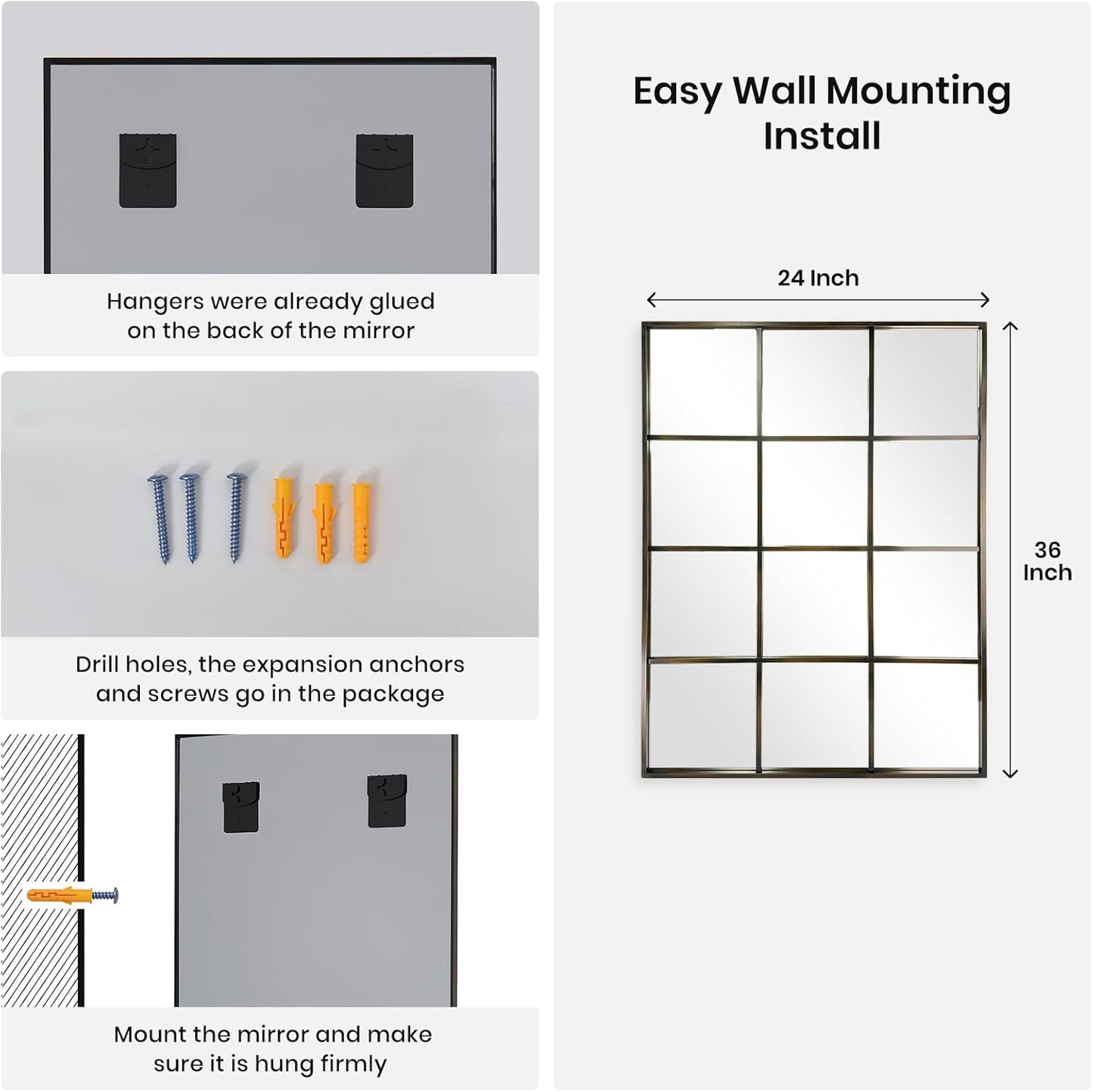 Windowpane Wall Mirror 24"x36" Bronze Wall Mounted Art Pane Mirror Farmhouse Decorative Mirror Leaning Hanging Wall Mirror for Bedroom Living Room Entrance Hallway Wall Decor