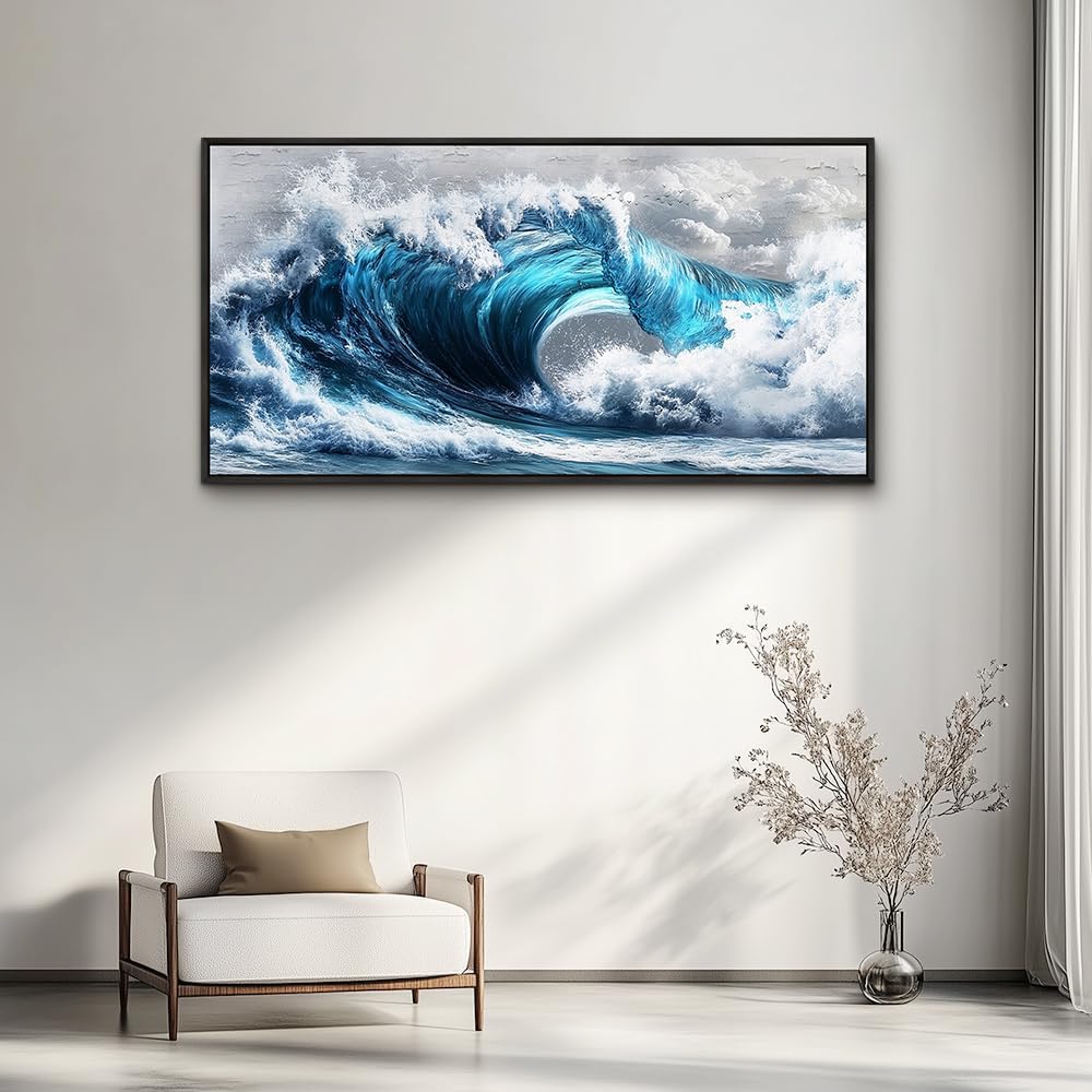 PHAOHUAXM Blue Wave lPaintings Wall Art For Living Room Wall Decor For Bedroom Ocean Inspiration Wall Pictures Office Decor Posters Modern Printing Canvas Artwork Home Decor Black Framed 20x40 In