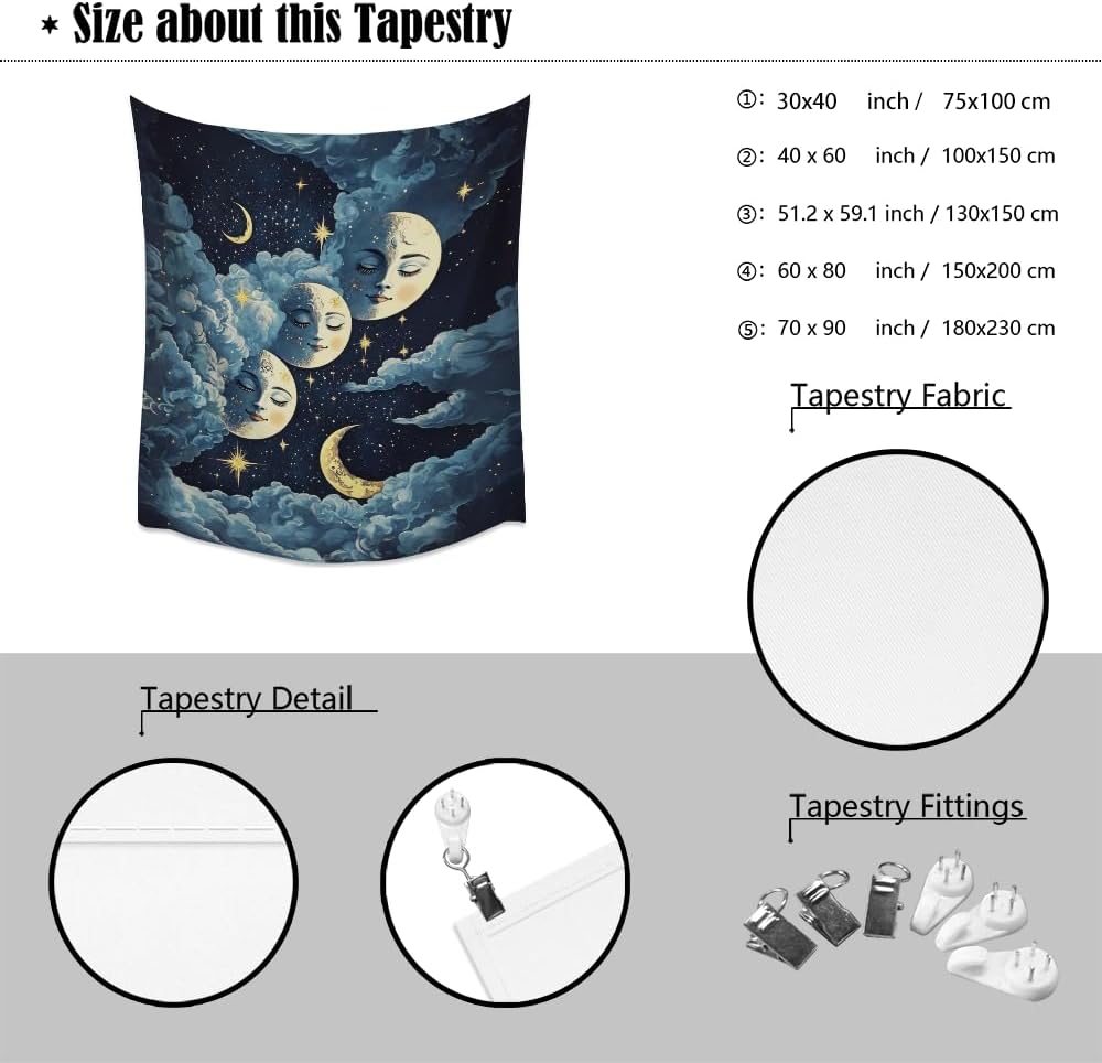 Blue Moon Faces Tapestry Celestial Wall Art Dark Academia Aesthetic Print Stars Clouds Tapestries Wall Hanging whimsical Gothic Home Decor for Bedroom Living Room 30x40inch