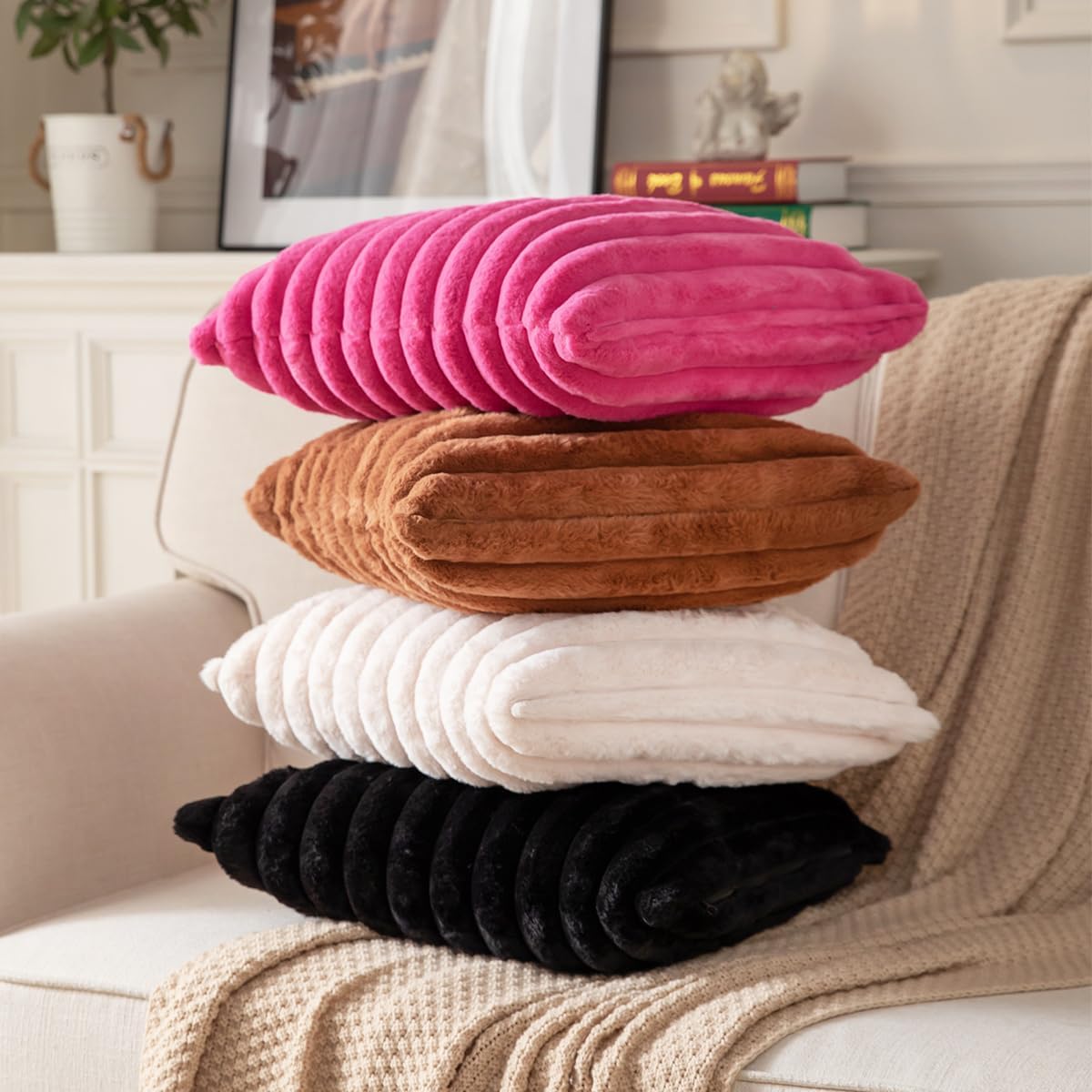 DEELAND Pack of 2,Double-Sided Faux Fur Plush Decorative Throw Pillow Covers Fuzzy Striped Soft Pillowcase Cushion Covers for Sofa Couch Bedroom Black 26x26 inch