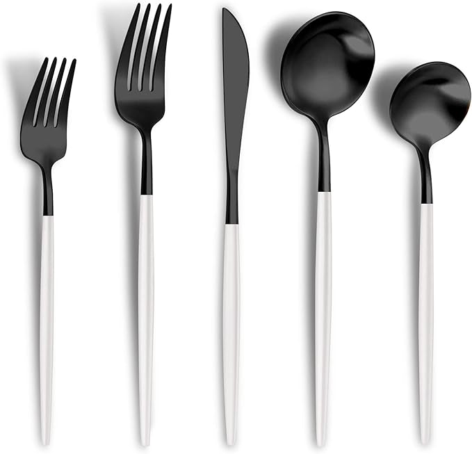 Matte Black White Silverware Set for 4,Modern Stainless Steel Brushed Cutlery Set,20-Pieces Heavy Duty Flatware Set,Knives Spoons and Forks Set Utensils Set, Satin Finish, Dishwasher Safe
