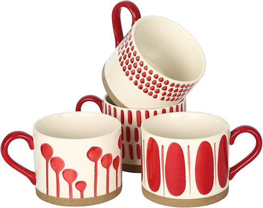 Koja Hand Painted 15 oz. Porcelain Ceramic Mugs Set. Service for 4. (Hand Painted - Red)