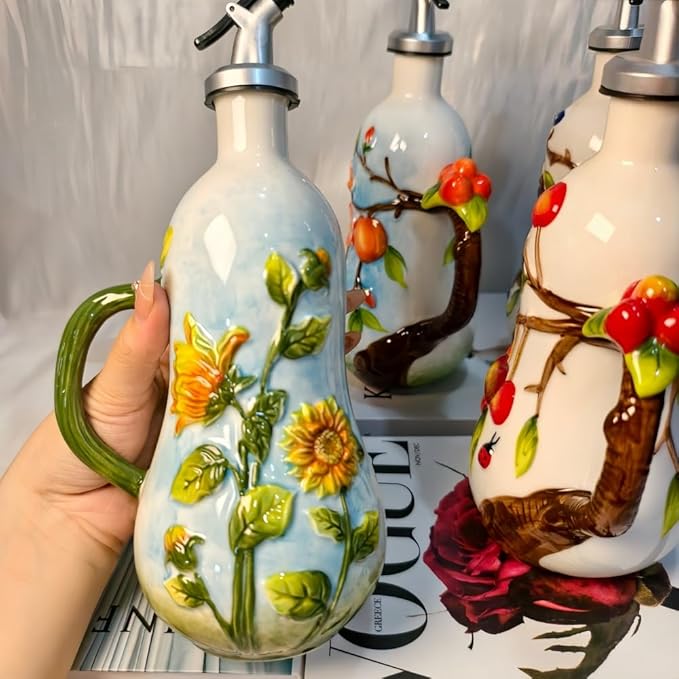 18.26oz/540ml Ceramics Olive Oil Dispenser Bottle,Hand Painted Reliefs Oil Dispenser for Kitchen,Oil Bottles for Kitchen (Sunflower)