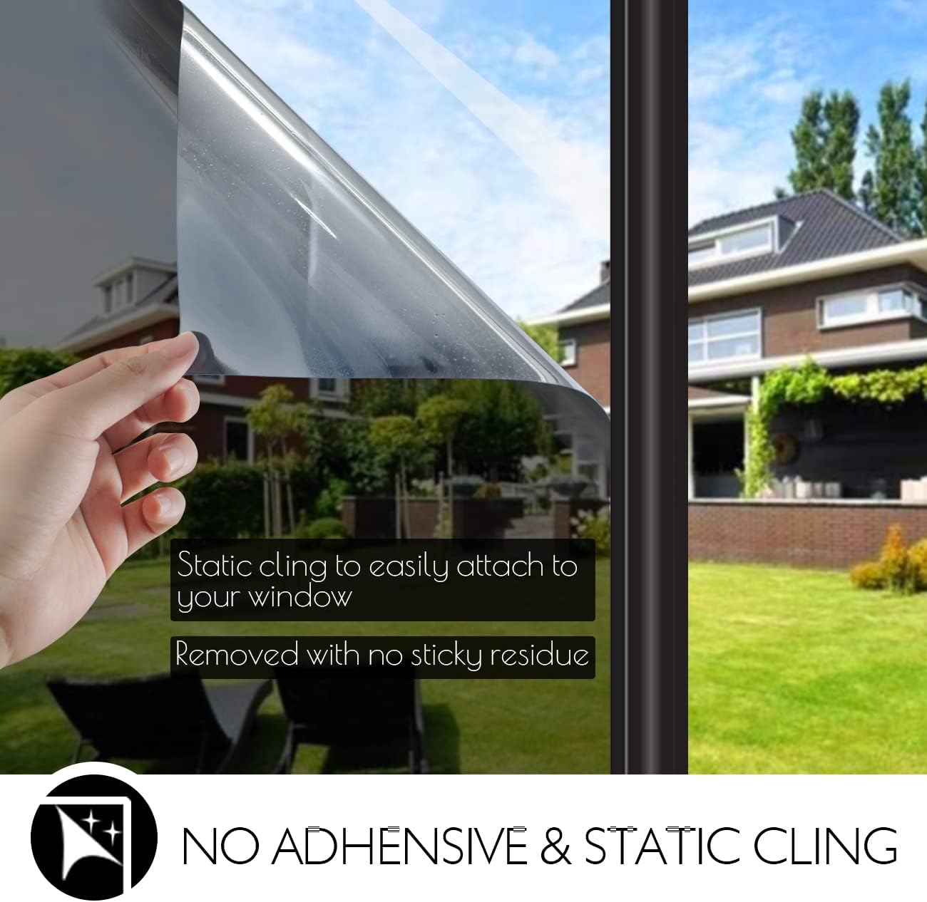 HIDBEA One Way Privacy Window Film, Daytime Mirror Reflective Heat Control UV Sun Blocking Non-Adhesive Static Cling Window Tint for Home and Office(Black-Silver, 55.1 Inch x 6.5 Feet)