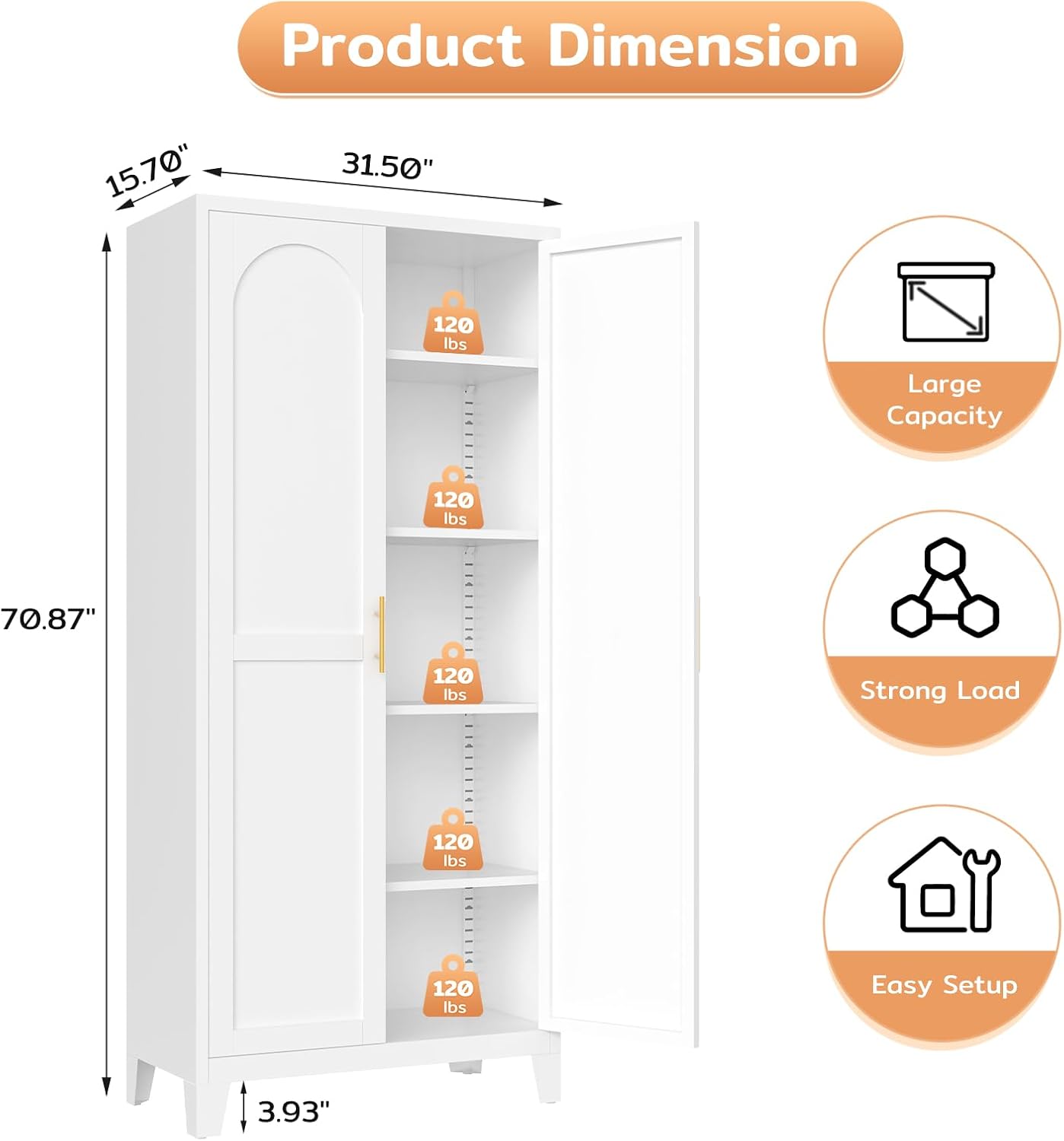 70.87" H Metal Kitchen Pantry Cabinet, Freestanding Cupboard with 2 Doors and 4 Adjustable Shelves, Tall Metal Storage Cabinet for Kitchen, Bathroom, Dinning Room or Laundry Room （White）