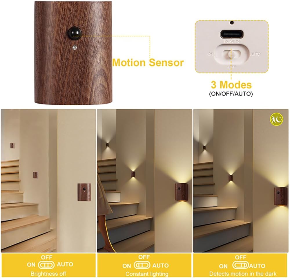 LANDGOO Smart Night Light Step Light - Rechargeable Motion Sensor Stair Lamp, 2700K Warm White LED Walnut Wood for Bedroom Hallway Safety (1 Pack)