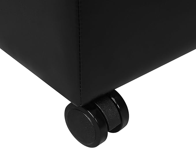 Adeco 17.7" Leather Ottoman with Wheels, Black Square Rolling Ottoman with Storage, Upholstered Button Tufted Vanity Stool with Hinged Lid for Living Room, Bedroom, Dorm