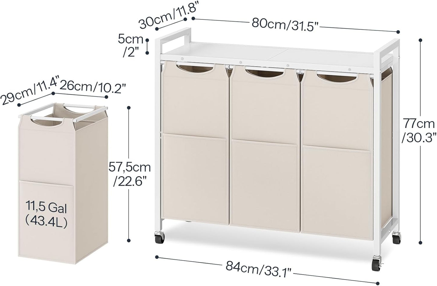 HOOBRO Laundry Sorter 3 Section, Laundry Hamper with Wheels, 3 × 11.5 Gal (43.4L), Rolling Laundry Basket, Pull-Out and Removable Oxford Fabric Bags, White WG76XY01