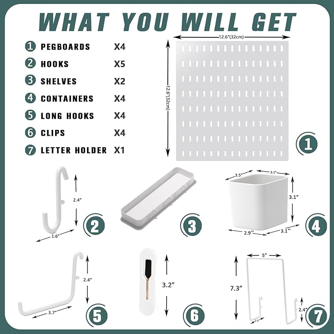 Pegboard Combination Kit, 25.2" x 25.2" Wall Mounted Storage Set with 4 Pegboards & 20 Accessories Hanging, Peg Boards Organizer