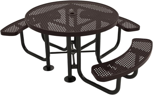 Heavy-Duty Portable Outdoor Picnic Table with Umbrella Hole, Punched Steel Patio Dining Furniture Made in America (46" Round Top, Brown)
