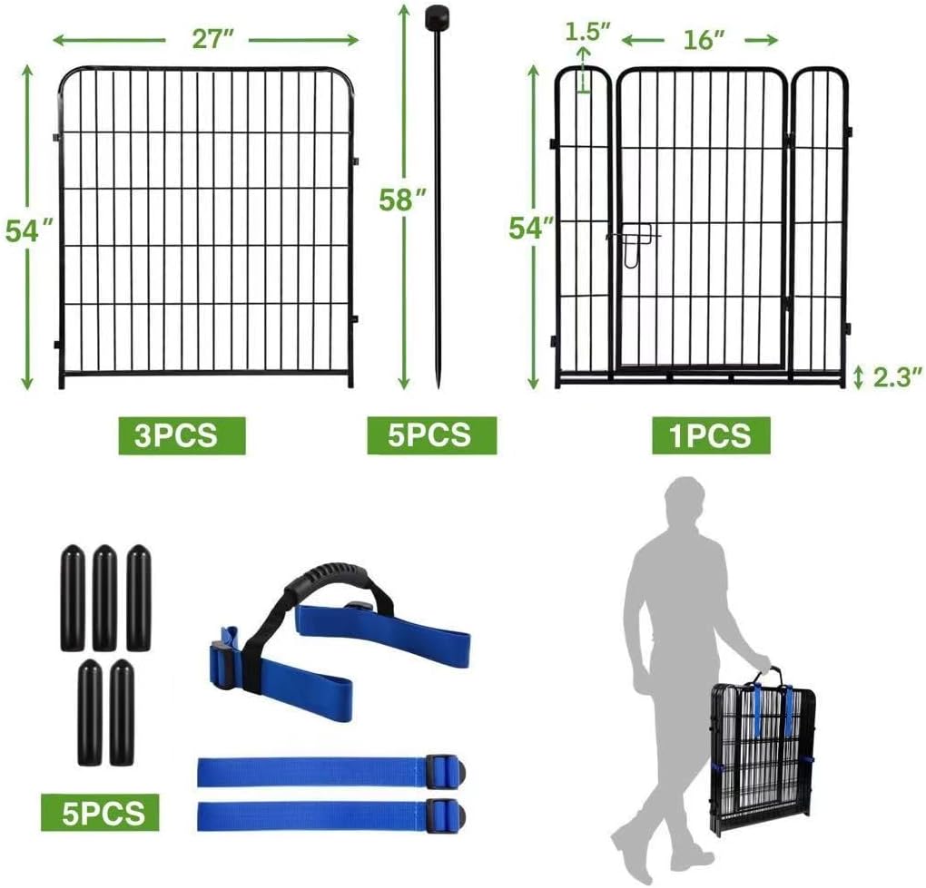 ADAVIN Tall Garden Fence Wide Door Low Threshold, 54 inch High 4 Panels Total 8.8 Ft(L), Black Heavy Duty Metal Outdoor Dog Fence for Yard or Camping, Garden Fencing Animal Barrier