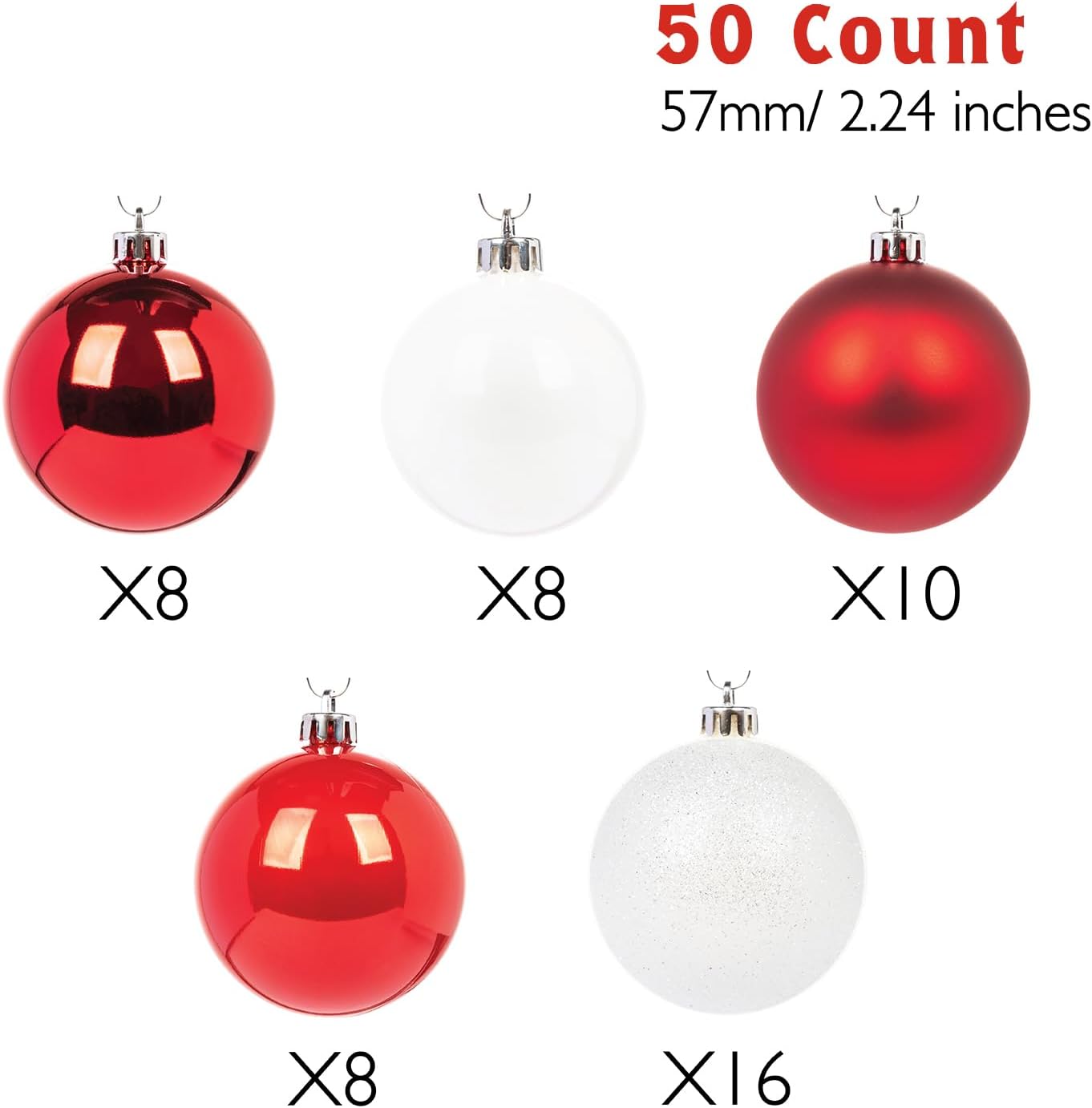 Every Day is Christmas Ornaments, Shatterproof Christmas Tree Ornament Set, Christmas Balls Decoration 50 Count (2.24"/57mm, Red White)