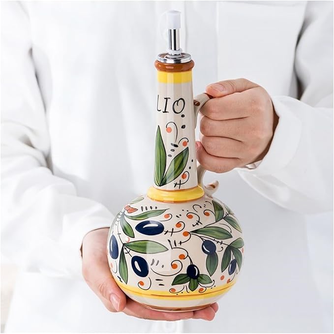 Italian Ceramic Olive Oil Dispenser Bottle 23oz, Hand Painted Olive Oil Bottles, Decorative Stoneware Olive Oil Cruet for Kitchen with Stainless Steel Spout for Oils, Sauces, Vinegar