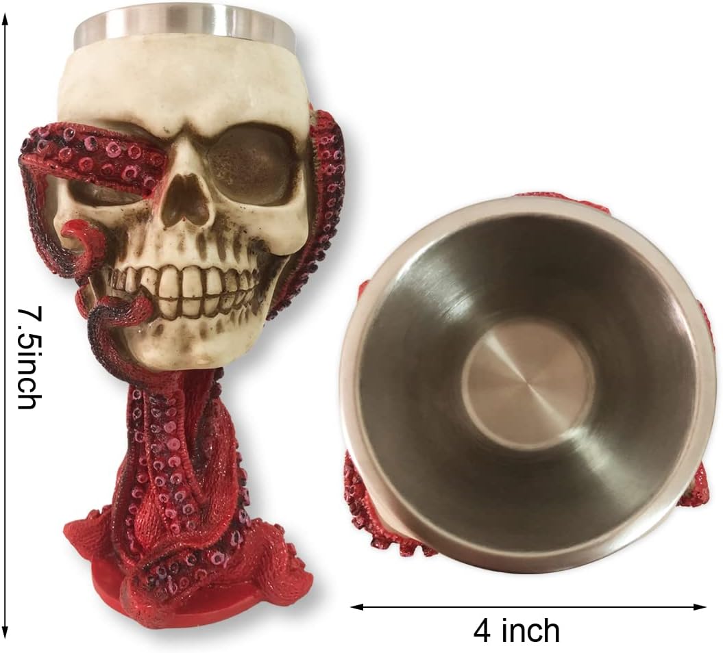 Skull Goblet Chalice Wine Cups Medieval Chalice Skull Cup Stainless Steel 3D Whisky Shot Glasses Realistic Resin Octopus Tentacle Beverage Halloween Drinking Cup Novelty