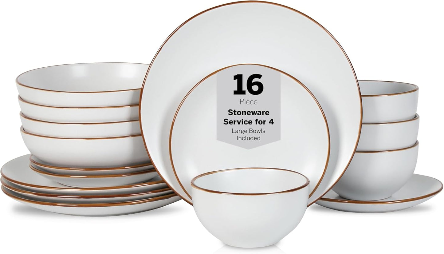 Stone Lain Brasa Modern Stoneware 16 Piece Dinnerware Sets, Plates and bowls Sets, Dish Set for 4, White