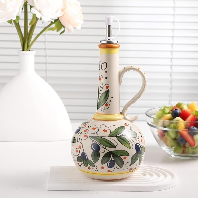 Ceramic Olive Oil Dispenser Bottle 23oz with Handles, Hand Painted Multi-Use Oil Cruet & Flower Vase, Decorative Stoneware Kitchen Cruet with Stainless Steel Spout for Oils, Sauces, Vinegar (A)