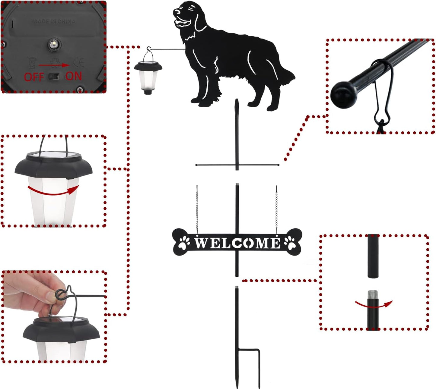 BAYN Solar Golden Retriever Garden Stakes Decorative with a Lantern Dog Silhouette Welcome Sign Outdoor Garden Decor for Yard, Lawn, Patio, Pathway