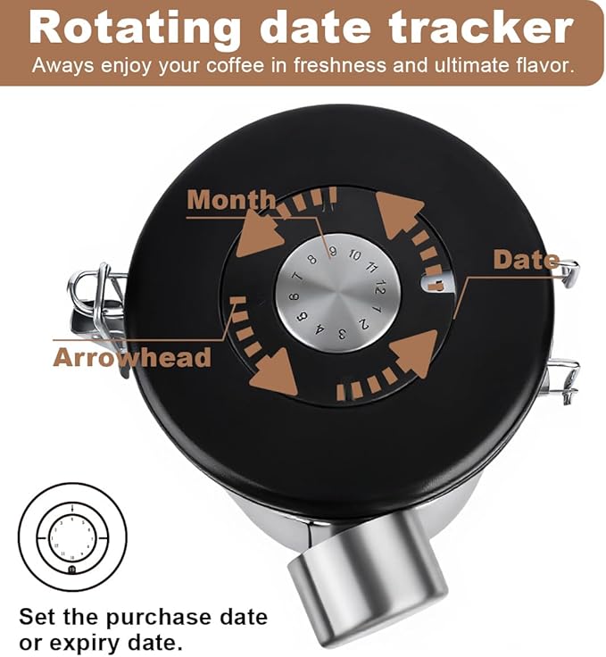 Coffee Canister Airtight Storage Container Stainless Steel Coffee Jar with Scoop,Date Tracker CO2 Release Valve for Dry Food Beans Ground Tea Flour Cereal and Sugar (1.8L Grey-Brown With Spoon(2pcs))