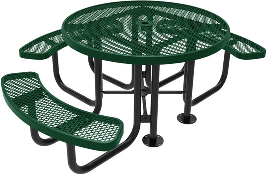Heavy-Duty Portable Outdoor Picnic Table with Umbrella Hole, Expanded Metal Patio Dining Furniture Made in America (46" Round Top, Green)