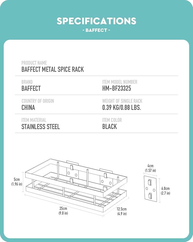 Metal Spice Rack Wall Mount Floating Shelves 2 Pack Black Storage organizer for Cabinet Door Pantry Kitchen Bathroom Supplies (9.8inches length)
