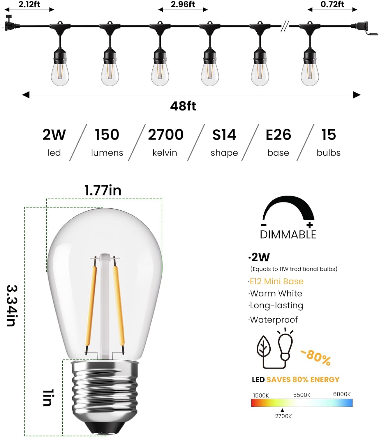Svater 96 FT Outdoor String Lights 2W, Patio Light for Outside with 32 Antique S14 Plastic LED Bulbs, IP65 Waterproof Hanging Cafe Market Lighting, ETL-Listed Dimmable Warm White 2700K (48 FT x 2)