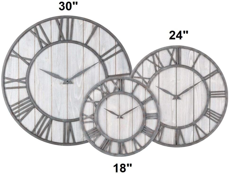 Oldtown Farmhouse Metal & Solid Wood Noiseless Wall Clock (Whitewash, 24-inch)
