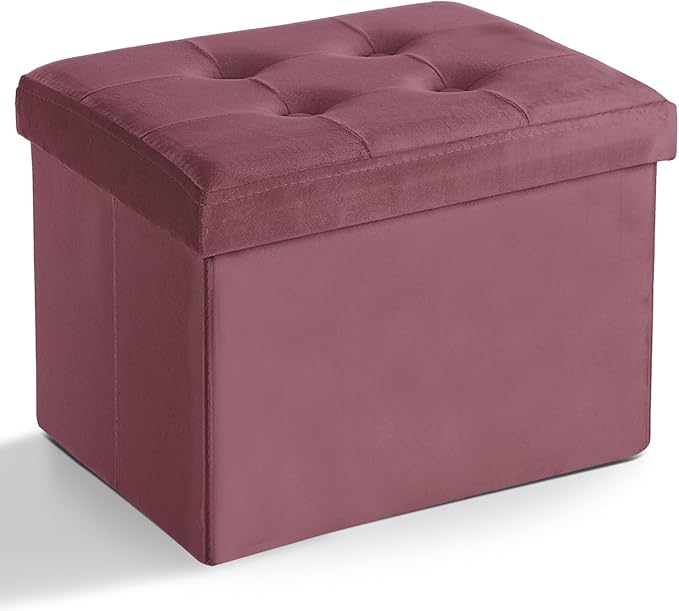 LINMAGCO Storage Ottoman Folding Foot Stool Velvet Footrest with Padded Modern Ottoman with Storage for Living Room Puppy Step Stool 17x13x13in(Jelly Pink)