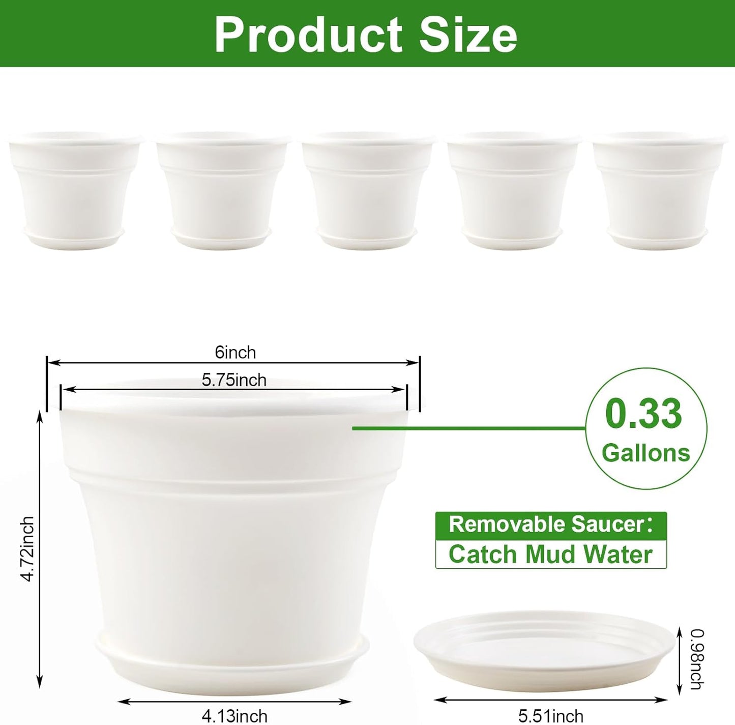 6 Inch Plastic-Flower Pot-for-Indoor Plants, 6 Pack Outdoor Plant Pots with Drainage Holes & Saucers, Resin Garden Pots Planters