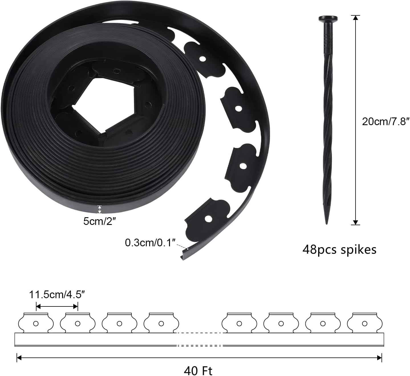 2 Inch Tall No Dig Durable Garden Landscape Edging Kit, Black Plastic Lawn Border with 48pcs Anchoring Spikes for Landscaping, Flower Gardens, Lawn (40FT+48pcs Anchoring Spikes)