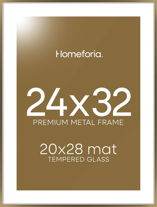 Homeforia 24x32 Picture Frame Bronze, High End Metal 24 x 32 Large Poster Frames with Mat 20 by 28 Photo, 24x32 Brass Frame Matted to 20x28 Print, 32x24 Thin Frames, Tempered Glass, Wall Kit, Set of 1