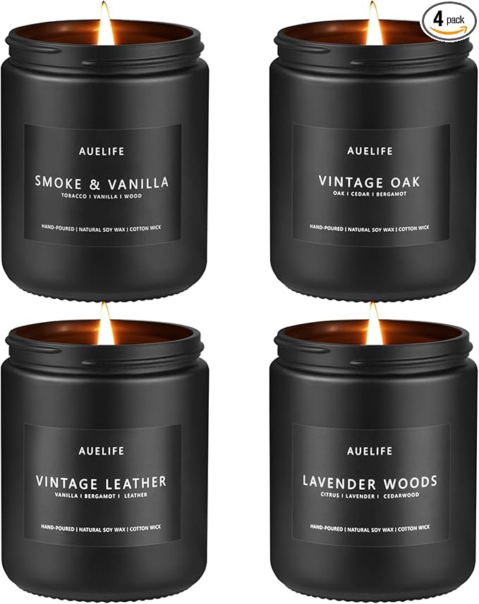 Scented Candles Set | Men Candle Set, Scented Candles for Home, Gifts for Men Aromatherapy Gift Set - 4 Pack Manly Gifts for Dad Fathers Day, Soy Candle of Leather/Smoke & Vanilla/Oak/Lavender