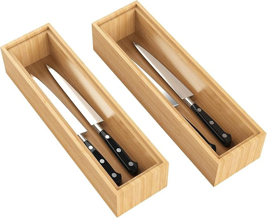 Bamboo Drawer Organizer, 2PCS Stackable Storage Boxes for Utensil Organizer, Wood Tray for kitchen, Bathroom and Bedroom 12" x 3" x 2"