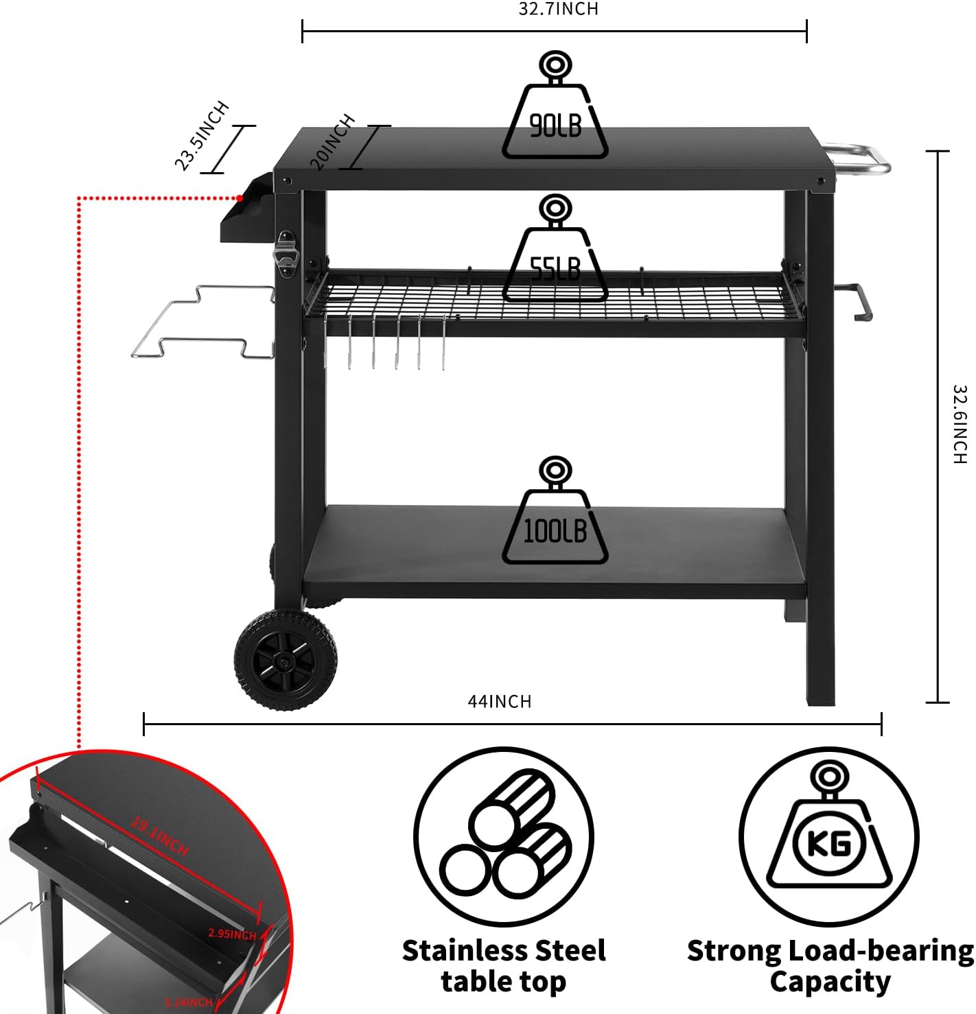 Dining Cart Table with Three Shelf, Movable Outdoor BBQ Grill Pizza Oven Stand with Three Hooks, Kitchen Cart Island Multifunctional Food Prep Table for Inside and Outside (Black)