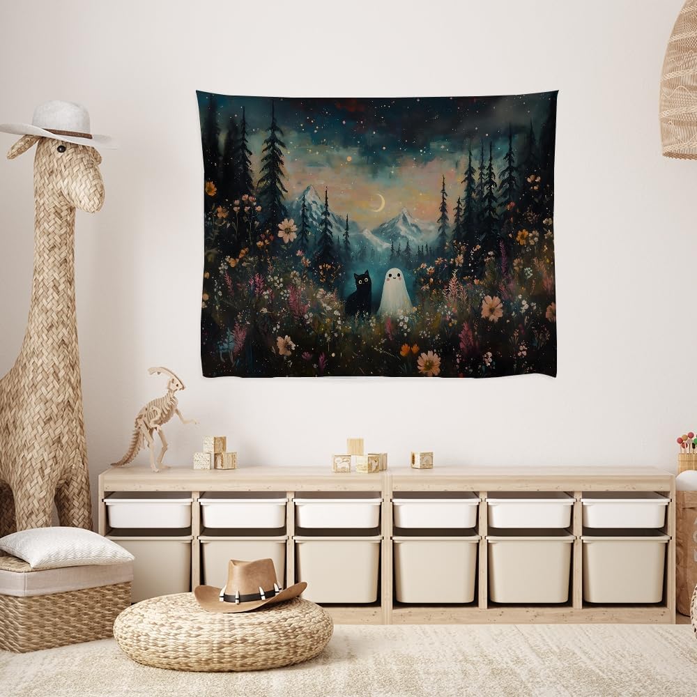 Whimsical Halloween Tapestry Wall Hanging Ghost and Black Cat in Magical Forest Wildflowers Meadow Tapestry Art Print Charming Spooky Fall Season Tapestries for Living Room Bedroom Decor 60x80inch