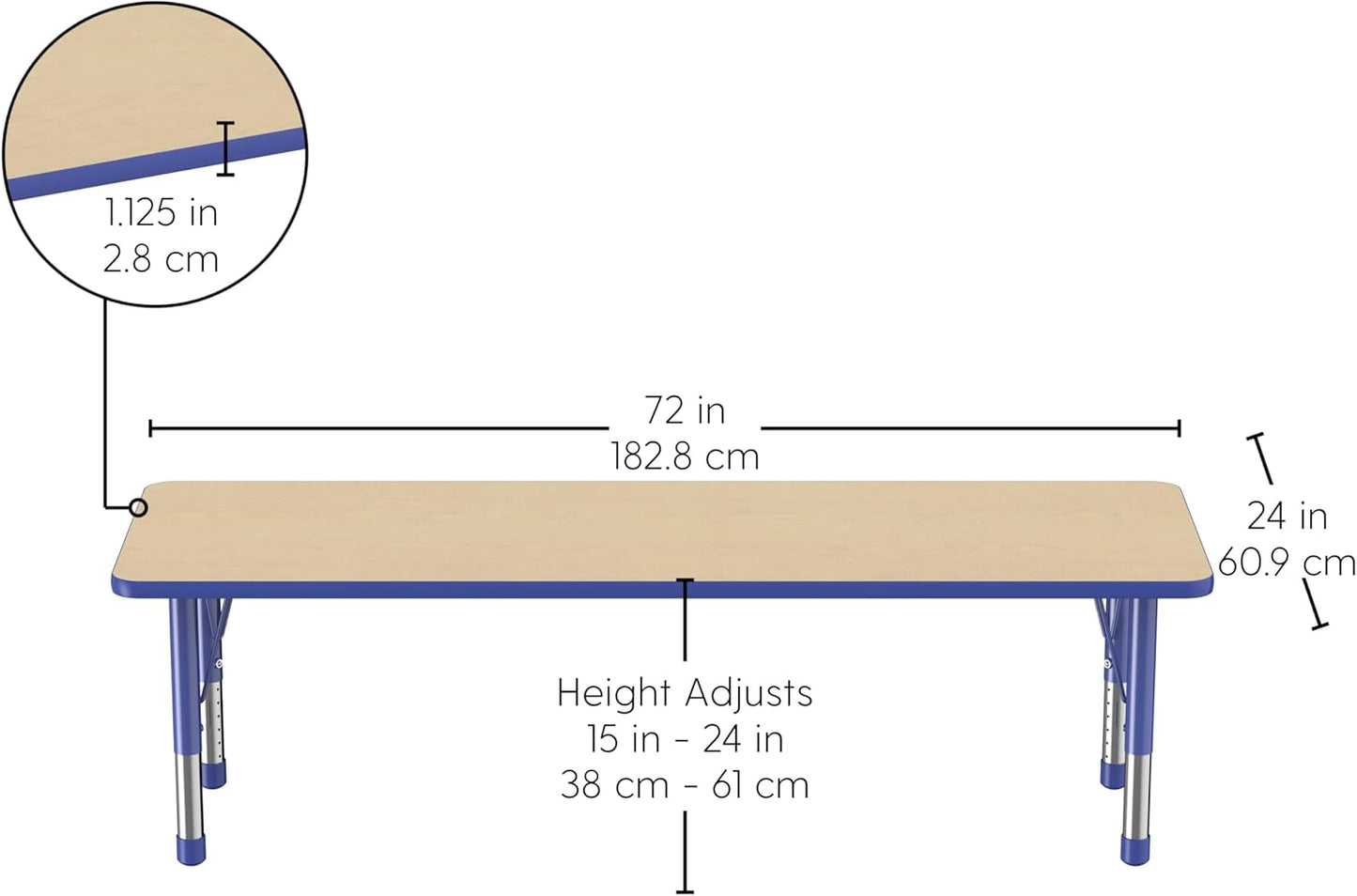 Factory Direct Partners FDP Rectangle Activity School and Classroom Kids Table (24 x 72 inch), Chunky Toddler Legs, Adjustable Table Height 15-24 inches - Maple Top and Blue Edge