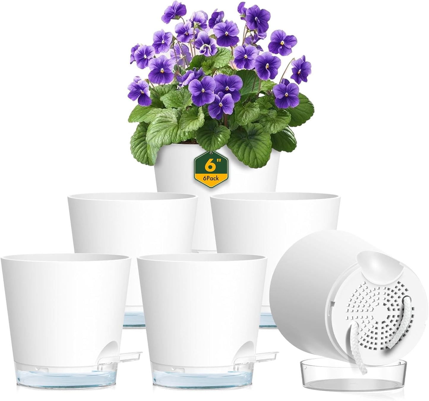 6 inch Self Watering Pots for Indoor Outdoor Plants, 6 Pack Flower Plant Pots with Drainage Holes and Clear Reservoirs, Visible Water Level, Plastic Planters with Wicking Rope, White