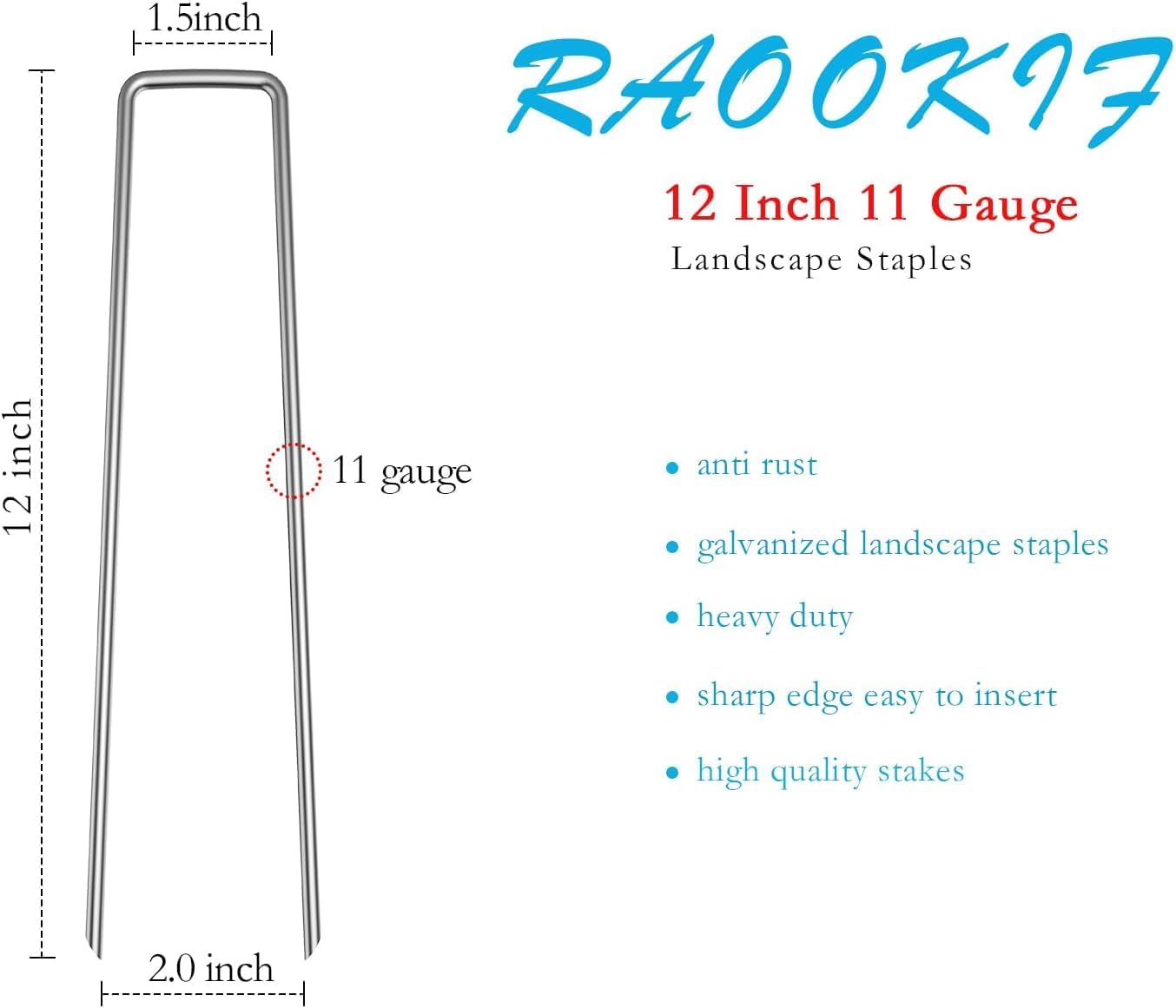 RAOOKIF 12 Inch Galvanized Garden Landscape Staples, 150Pcs Metal Stakes, 11 Gauge Heavy Duty Ground Stakes for Decoration, Fence, Lawn, Fabric Pins