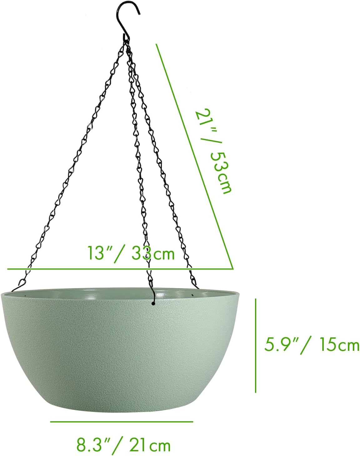 13 inch Large Hanging Planters Plant Pots for Outdoor Indoor Plants with Drainage Holes and Chain, 2 Pack Round Hanging Flower Pots for Garden Home Porch Decor, Green