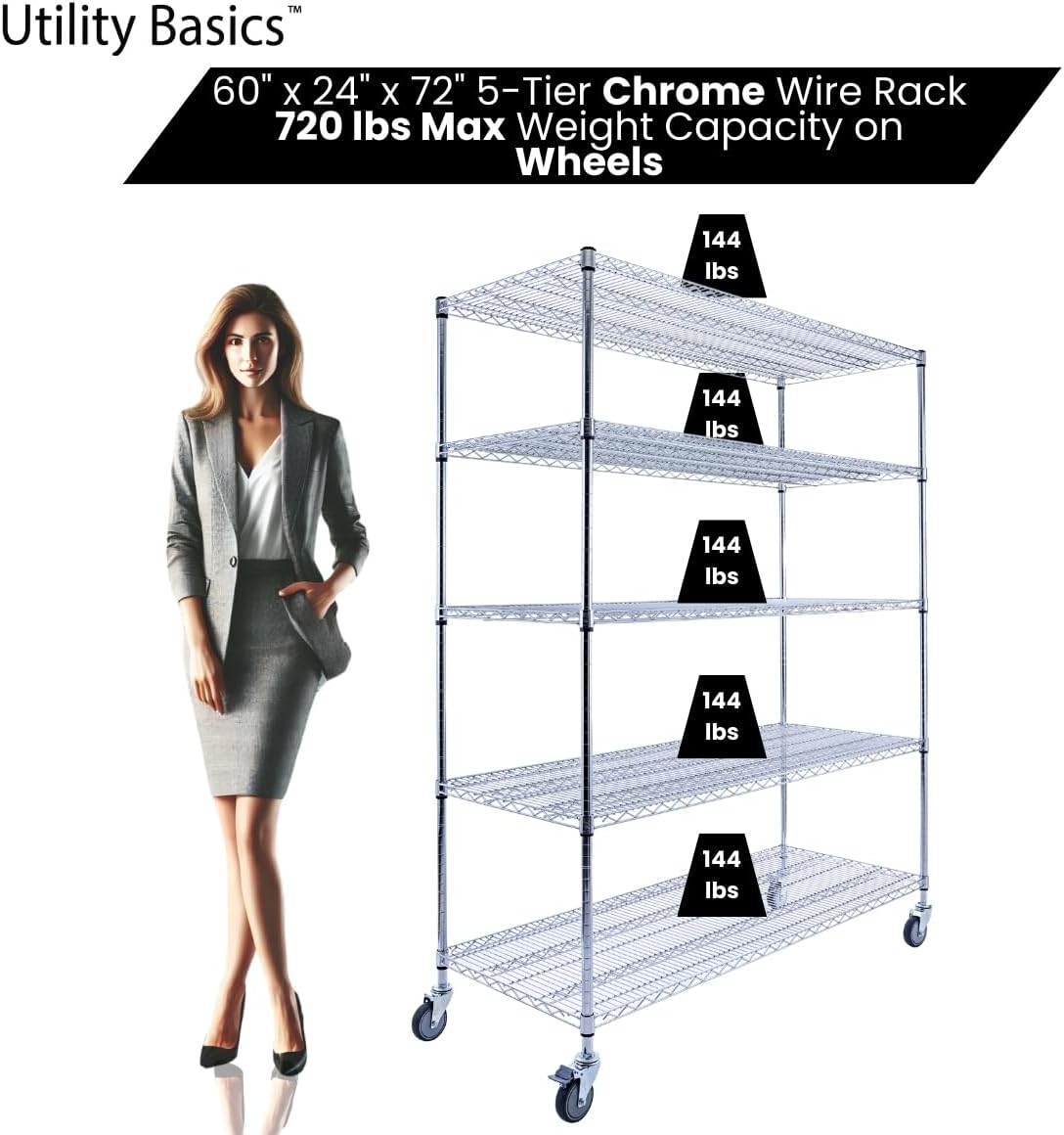 60"x24"x72" Chrome 5-Tier PREMIUM Wire Shelving NSF 4000 LBS MAX CAPACITY Heavy Duty Steel Storage Rack for Warehouses, Garages, Hospitals, Commercial Spaces, & Schools w/PREMIUM WHEELS