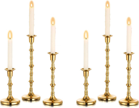 Nuptio Candle Holder Taper Candlestick Holders Gold Candle Holders for Unity Candles Metal Long Stem Candle Holders Set of 6 Home Decorations for Living Room Bathroom Dinner Table Cafe Table