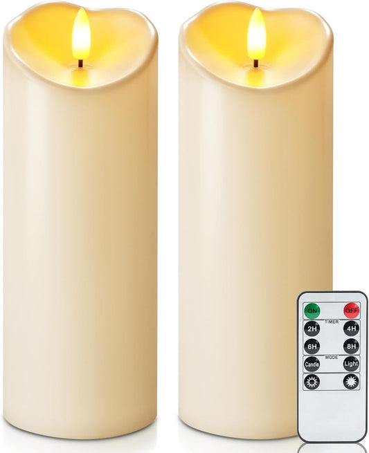 Homemory 3"x8" Outdoor Waterproof Flameless Candles, LED Candles, Battery Operated Candles with Remote and Timers, Electric Fake Plastic Pillar Candles, Dark Ivory, Set of 2