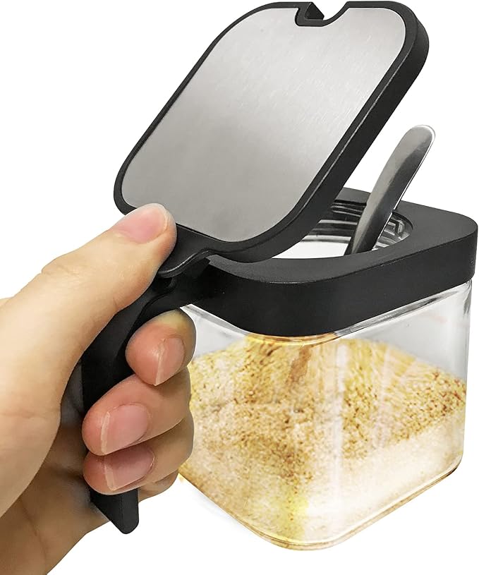 XIUDI Glass Spice Jars(3 piecesset)，Seasoning Containers with 304 Stainless Steel Lids and Spoons，Clear Glass Condiment Canisters Pots Seasoning Box Salt Container Sugar Bowl，for Kitchen,