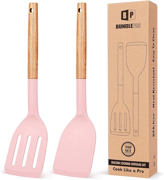 Pack of 2 Silicone Cooking Spatula, Heat Resistant Solid Turner, Non Stick Slotted Spatulas with Wooden Short Handle,Ideal Wood Kitchen Utensils Set for Frying, Baking, Flipping, Turning