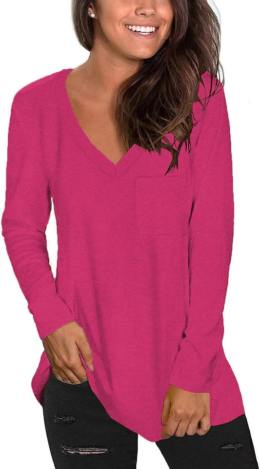 Tobrief Women's Long Sleeve V-Neck Shirts Fall Graphic Tees Loose Casual T-Shirt