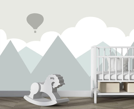 Cartoon Hot air Balloon Mountain Peak Baiyun Children's Nursery Wall Mural Wallpaper 103" x 69"