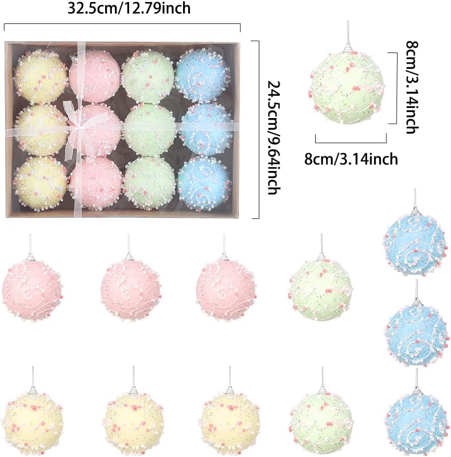 Christmas Tree Ball Ornament Set 12pcs 80mm/3.15inch Macaron Glittering Shatterproof Foam Hanging Christmas Ball Ornaments for for Xmas New Year Birthday Home Party Supplies (Round)