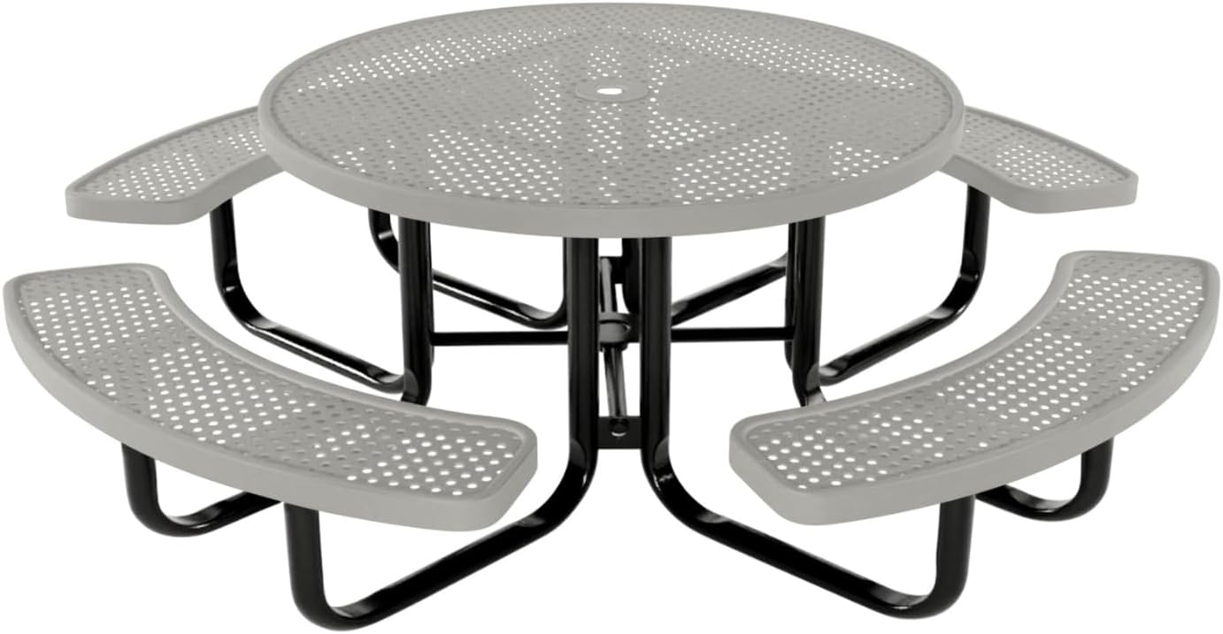 Heavy-Duty Portable Outdoor Kids Table with Umbrella Hole, Punched Steel Kids Picnic Table, Commercial-Grade, Made in America (46 in, Round, Childrens, Textured Grey)