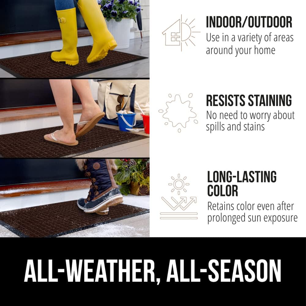 GORILLA GRIP 100% Waterproof All-Season WeatherMax Doormat US Designed Natural Rubber, Stain and Fade Resistant, Low Profile Indoor Outdoor Door Mats, Easy Clean Patio Mat, 17x29, Coffee Square