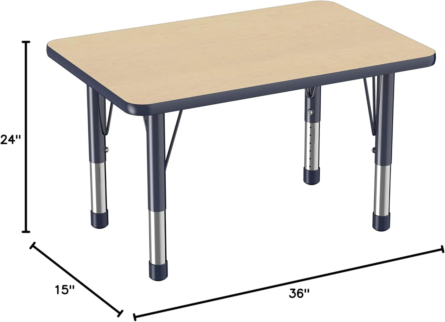 Factory Direct Partners FDP Rectangle Activity School and Classroom Kids Table (24 x 36 inch), Chunky Toddler Leg, Adjustable Height 15-24 inches - Maple Top and Navy Edge
