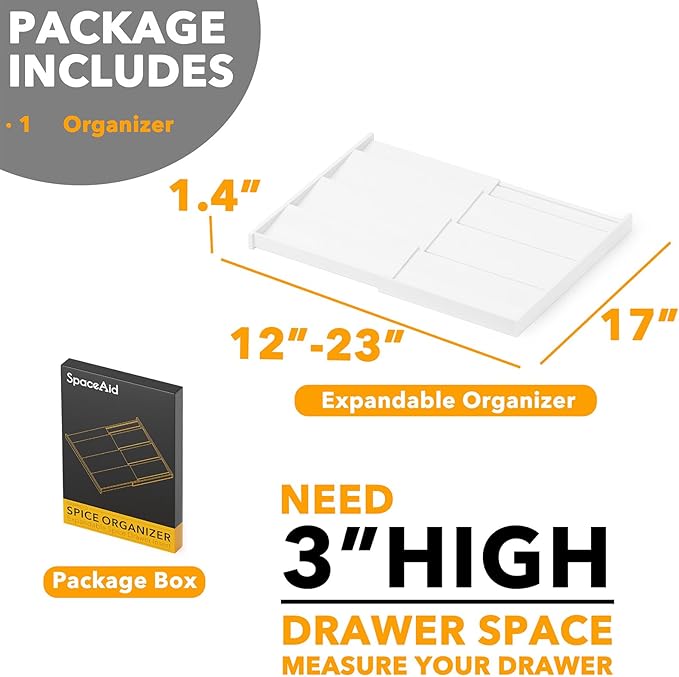 SpaceAid Bamboo White Spice Drawer Organizer, (Need 3" Deep Drawer) Expandable 4 Tier Spices Rack for Cabinet, Kitchen Seasoning Storage Insert (Jars Not Included, From 12" to 23" Wide)